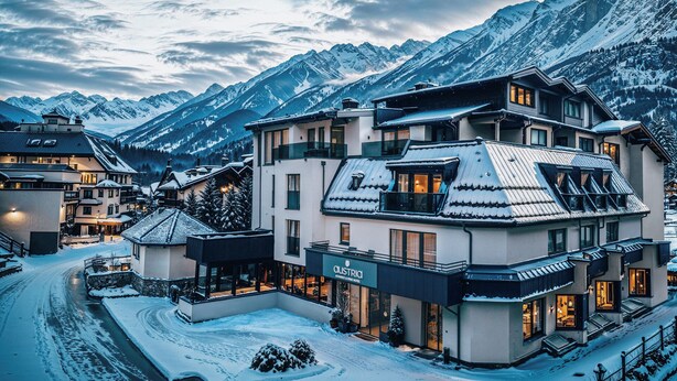 Un hôtel moderne à plusieurs étages, doté de grandes fenêtres et offrant une vue sur une montagne enneigée.