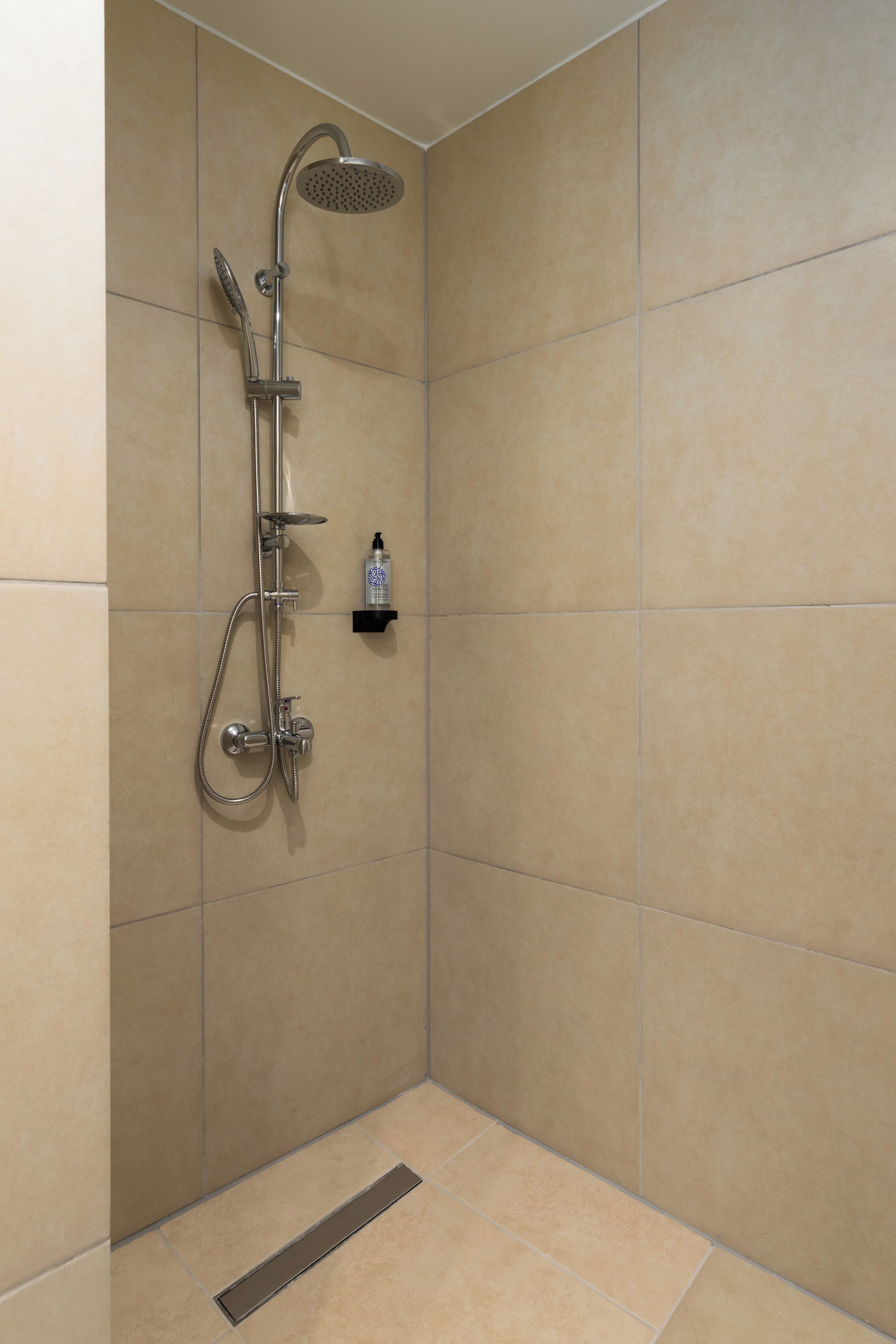 A shower with a handheld showerhead and a wall-mounted rain showerhead.