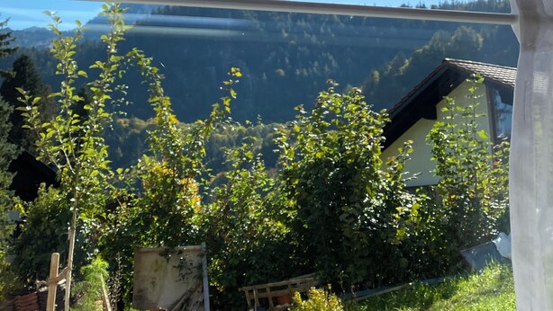 Blick durch ein Fenster mit einem Berg im Hintergrund, blauem Himmel und etwas Grün im Vordergrund.