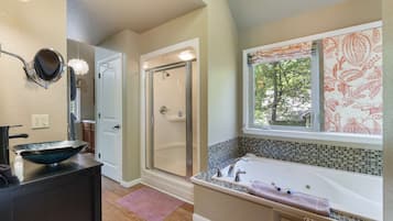 Shower, jetted tub, hair dryer, towels