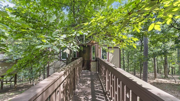 A wooden bridge leading to a building with a door, surrounded by trees. - Royal Oak Treehouse with Jacuzzi (Eureka Springs)