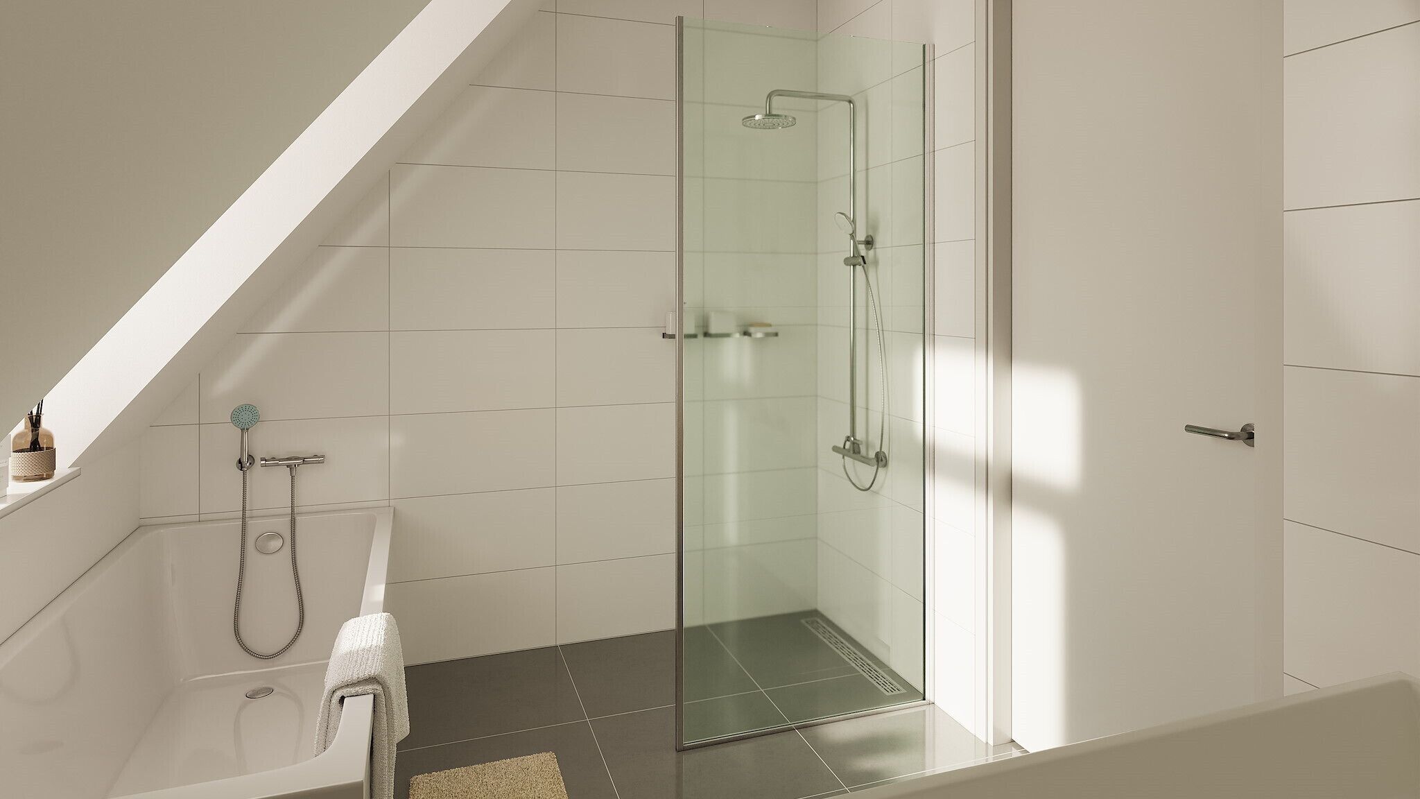 A modern bathroom with a glass shower enclosure, a bathtub, and a toilet.