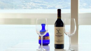 Une table avec une bouteille de vin et deux verres, un vase bleu, et une vue sur un lac et des montagnes, visible à travers une fenêtre.