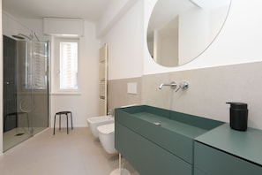 Shower, hair dryer, bidet, towels