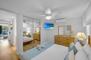 A bedroom with a bed, a ceiling fan, a TV, a dresser, and a mirror.