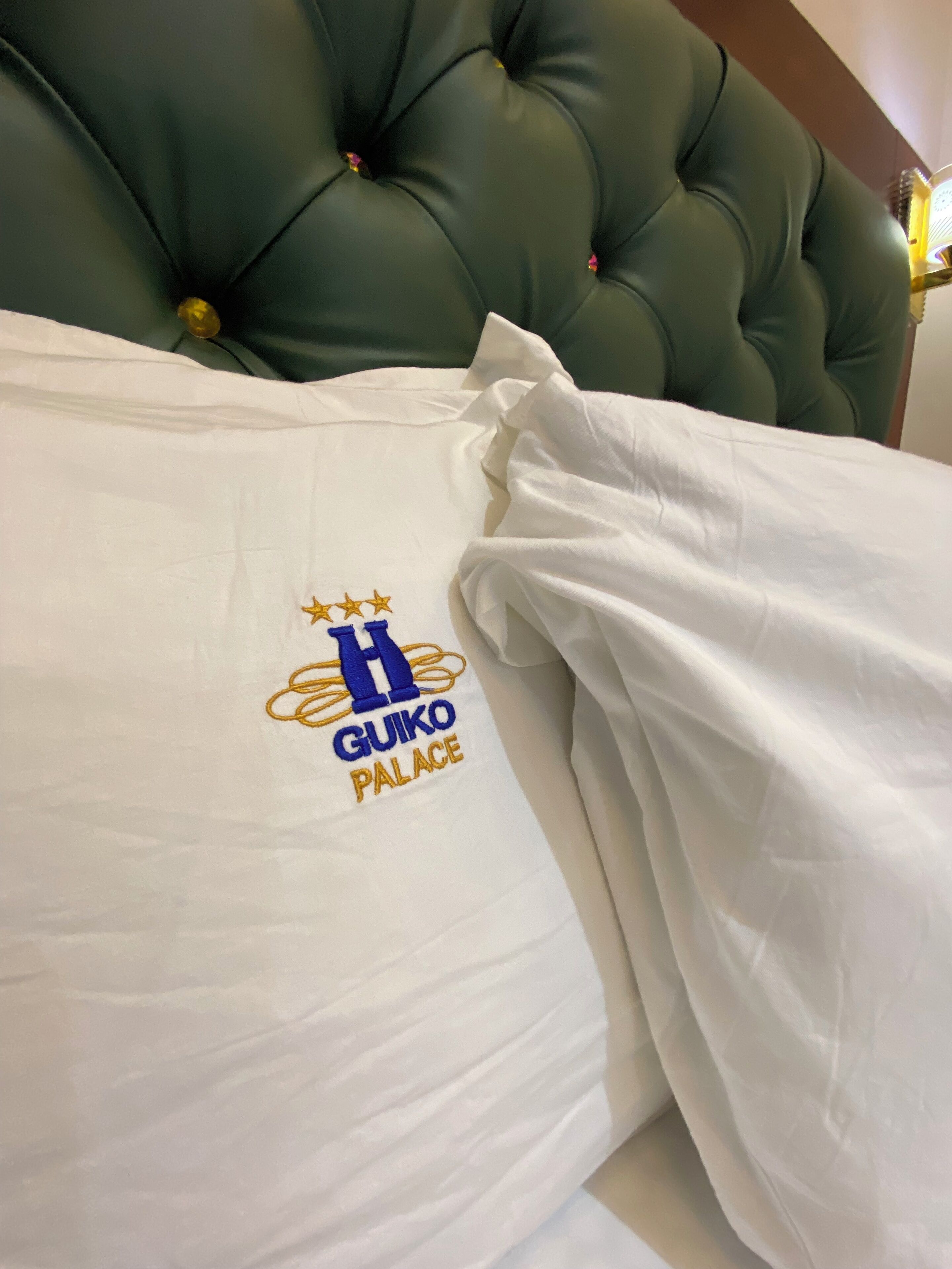 A white pillow with embroidered text and a logo, placed on a green tufted headboard.