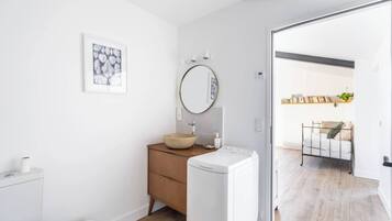Hair dryer, towels, soap, toilet paper