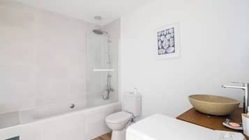 Hair dryer, towels, soap, toilet paper