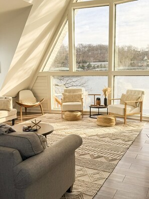 Smart TV, fireplace, books