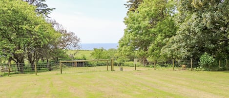 Un terrain herbeux avec un filet de volley-ball, des arbres et une vue sur la mer.