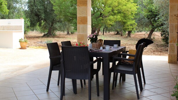 Un patio al aire libre con una mesa y sillas, rodeado de árboles.