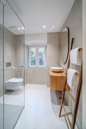 Shower, hair dryer, towels, soap