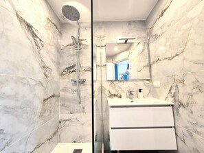 Shower, hair dryer, towels, toilet paper