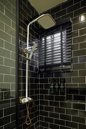 Douche, chaussons, serviettes fournies, savon