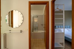 Hair dryer, bidet, towels, soap