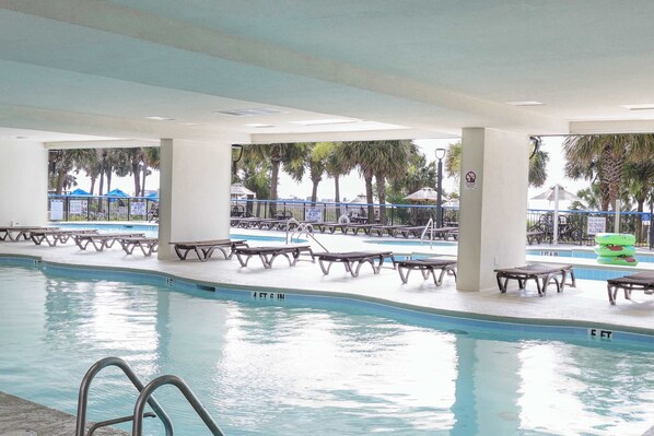Una piscina con sillas de descanso y sombrillas, rodeada de palmeras.