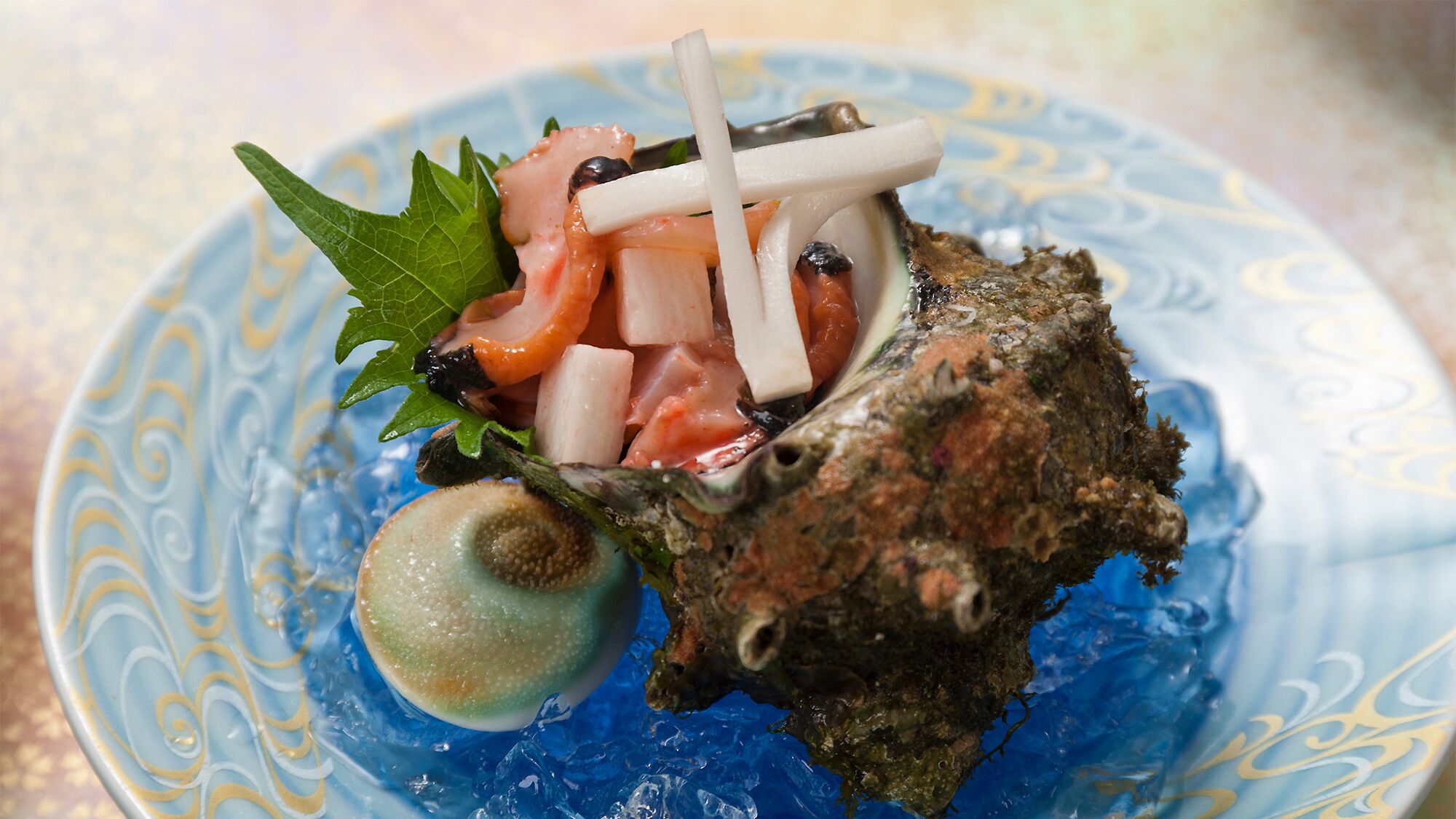 A seafood dish on a decorative plate.