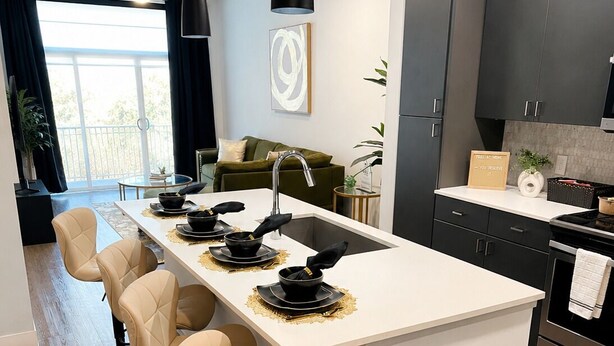 A modern kitchen with a central island, bar stools, a black trash bin, and a dining area with a sofa and a ceiling fan. - Houston Gem: Walk to Med Center & NRG (Houston)
