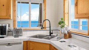 Une cuisine avec vue sur la mer, un grille-pain, un évier et des meubles de rangement en bois.