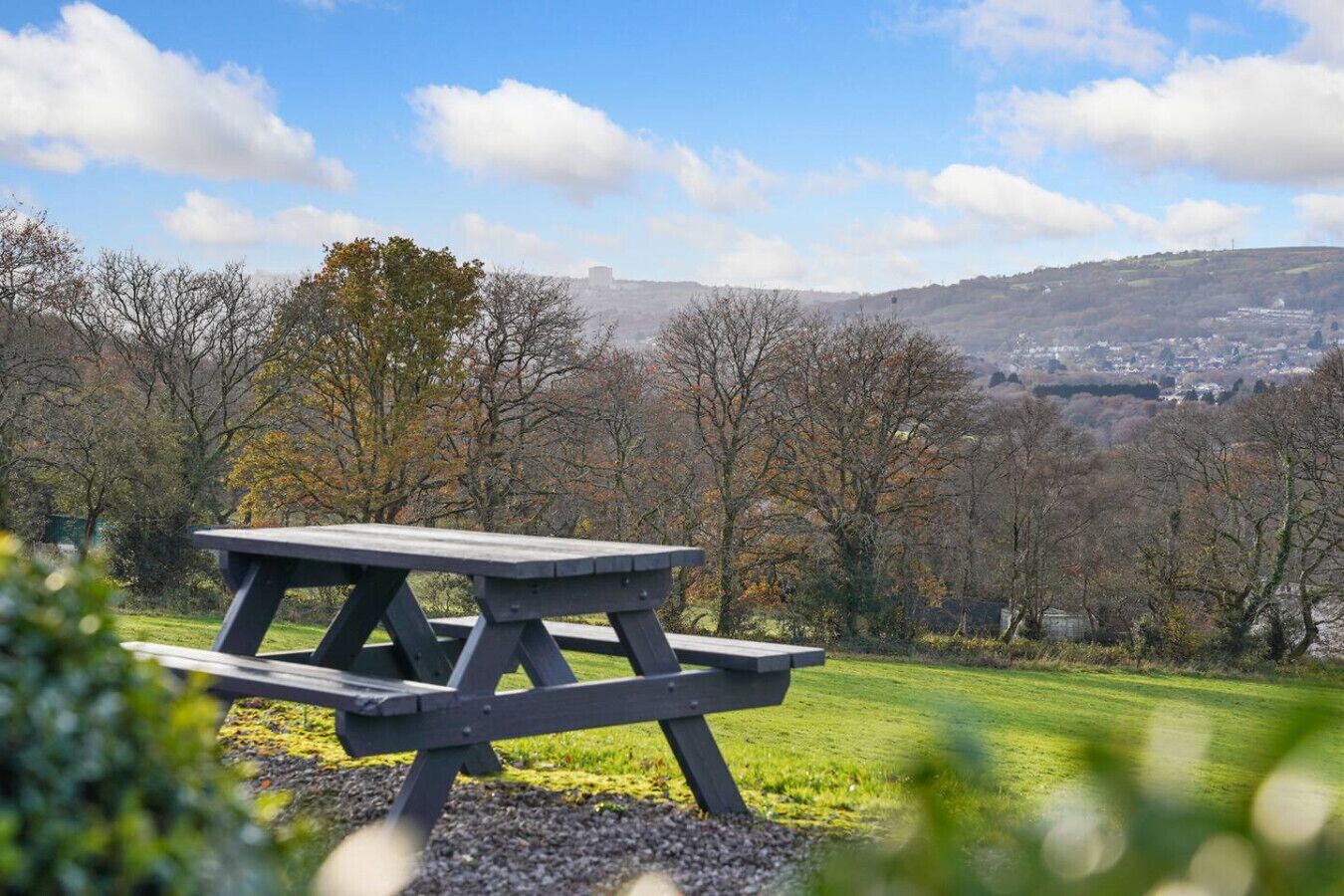 Una mesa de picnic en un parque con vistas a un pueblo distante.