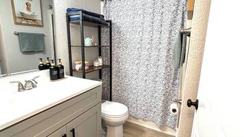 Hair dryer, towels, soap, toilet paper