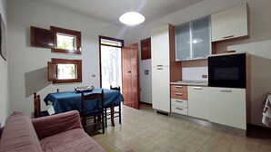 Un espacio habitable compacto con comedor, kitchenette y sofá.
