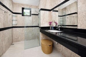 A modern bathroom with a glass shower enclosure, a black countertop, and a large mirror.