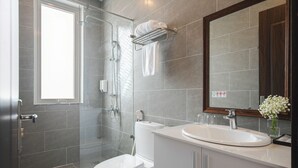 Ducha, cabezal de ducha con hidromasaje, secador de pelo, pantuflas