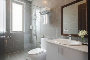 Habitación Premier doble, 1 cama de matrimonio grande, no fumadores, vistas a la ciudad | Baño | Ducha, cabezal de ducha con hidromasaje, secador de pelo y zapatillas