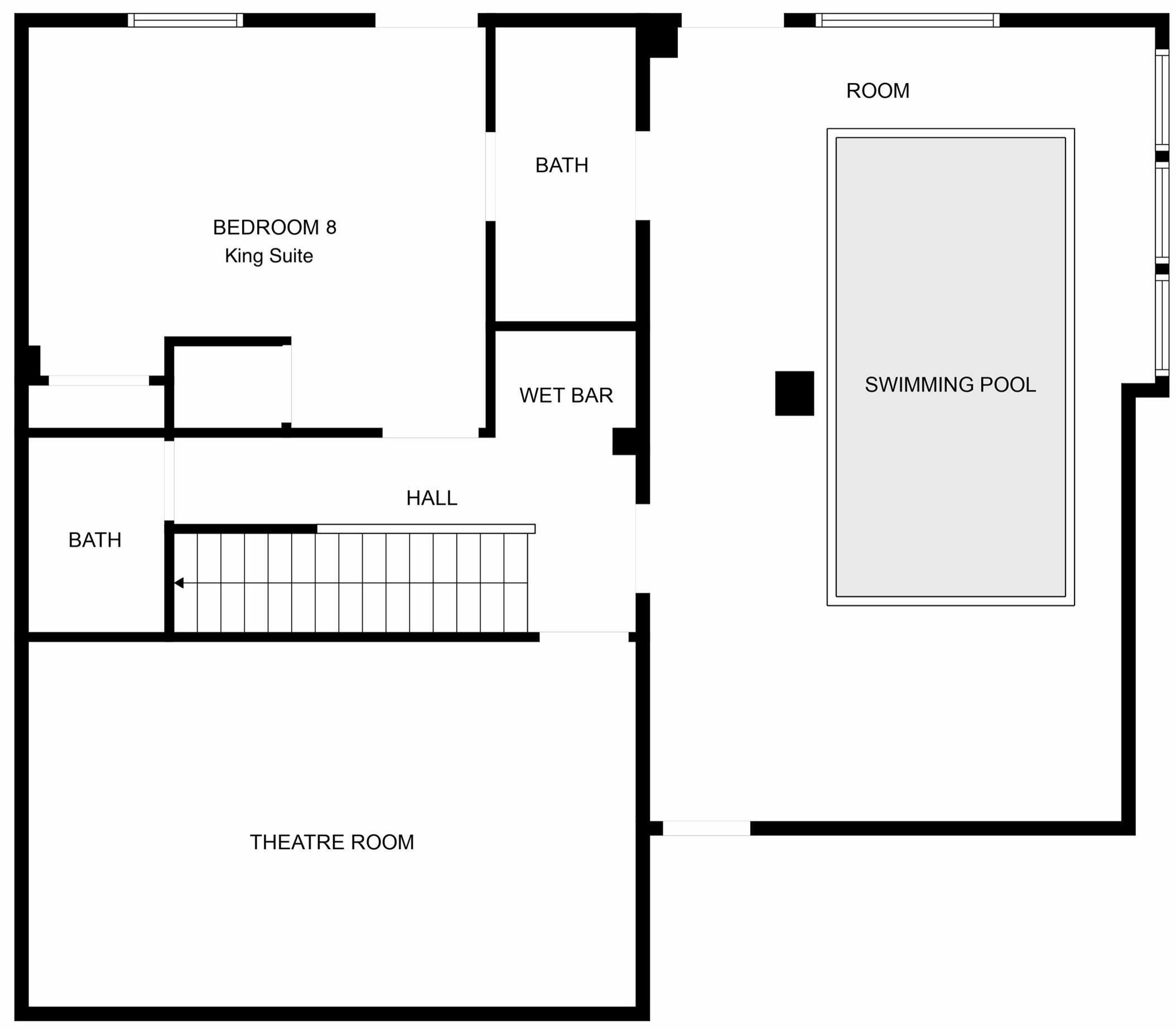 A floor plan with a bedroom, bathroom, wet bar, hall, theatre room, and a swimming pool.
