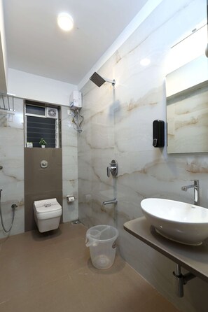 Shower, hair dryer, towels