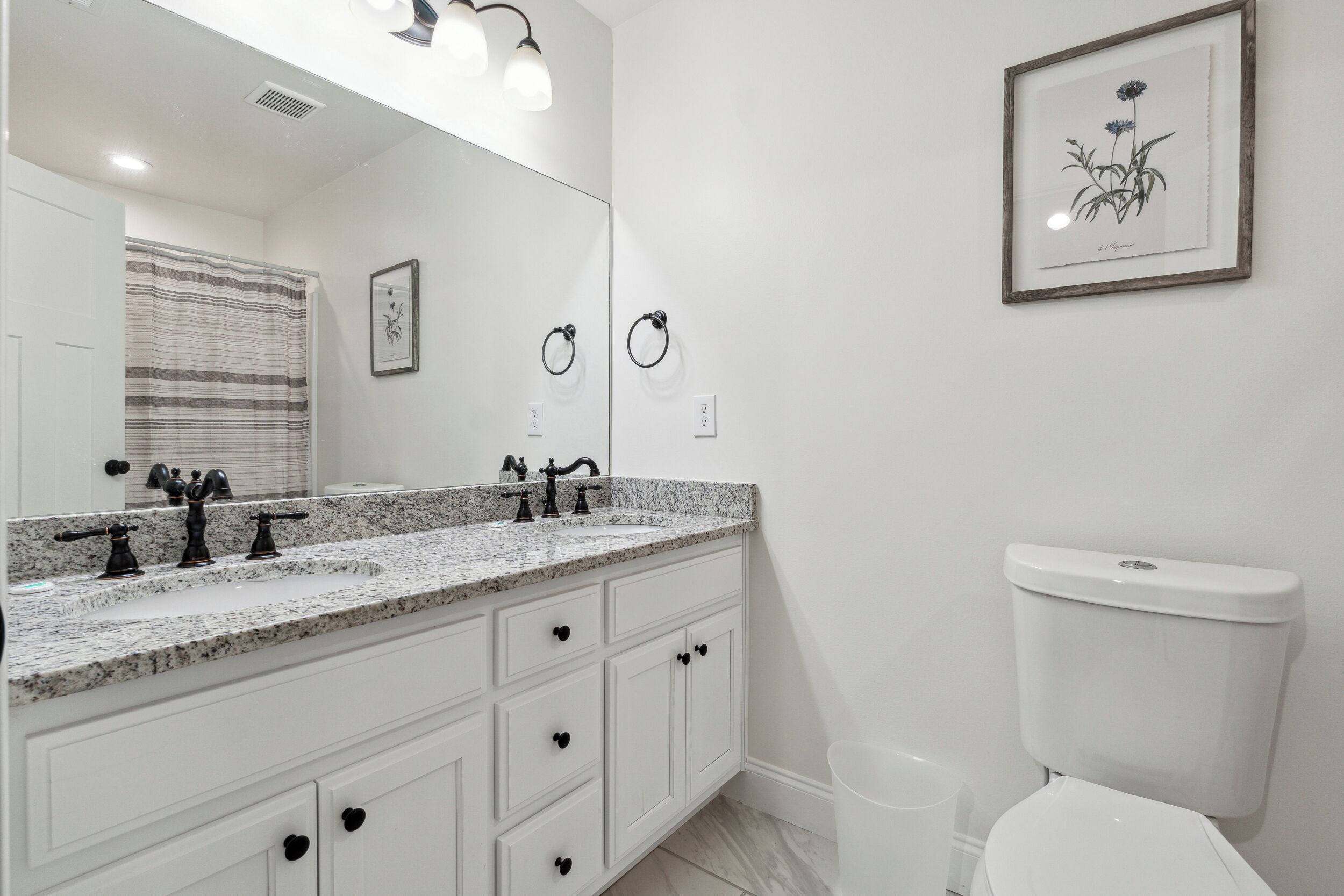 A bathroom with a white vanity, a double sink with black faucets, a toilet, and a framed botanical print on the wall.