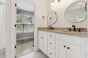 Shower, jetted tub, hair dryer, towels
