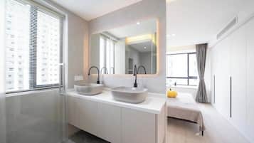 Hair dryer, towels, soap, toilet paper