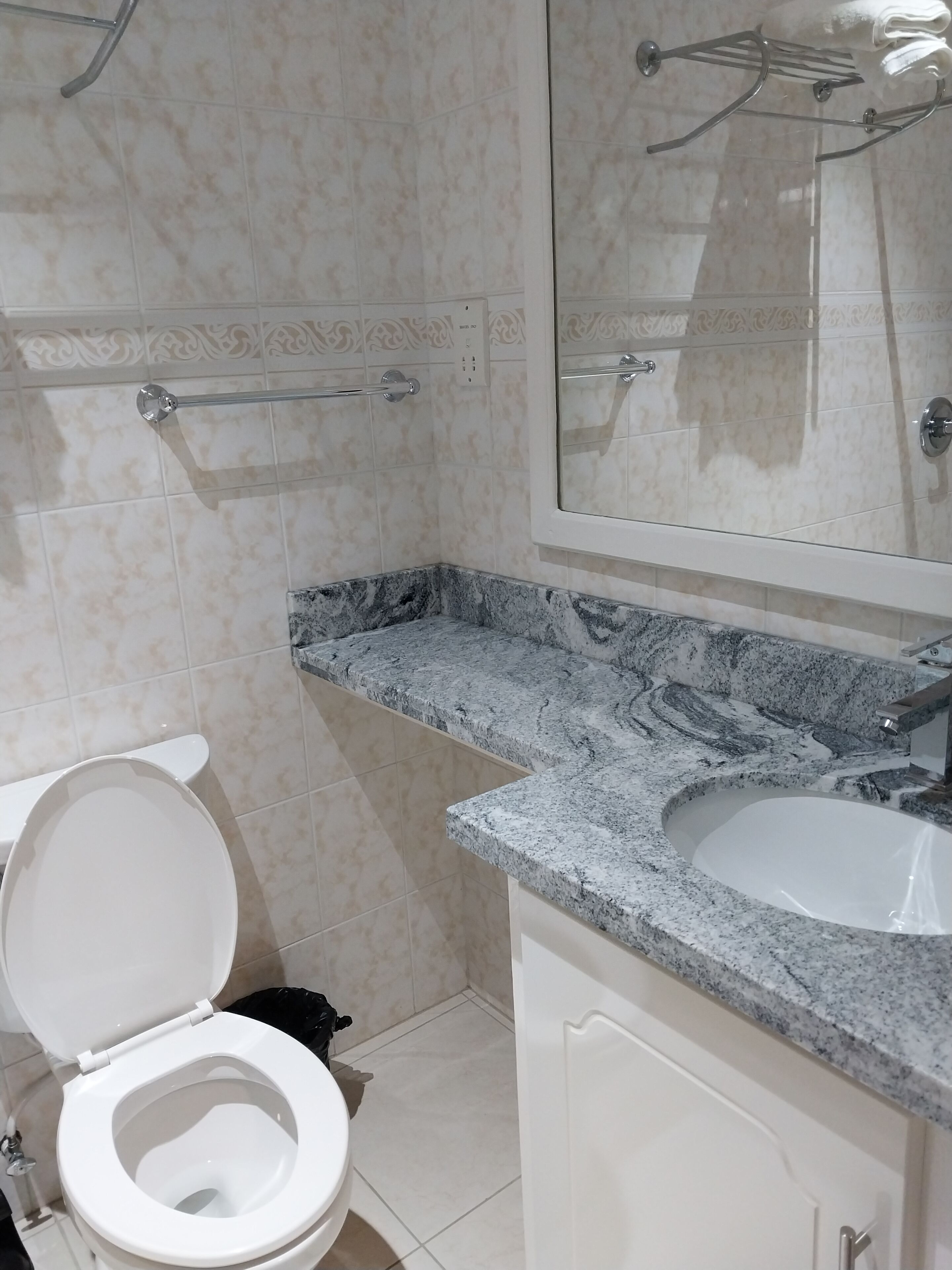 A bathroom with a toilet, sink, and mirror.