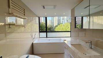 Shower, hair dryer, towels, soap