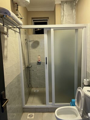 Regadera, toallas, jabón, papel de baño 