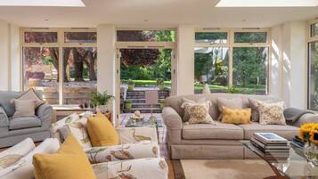 Smart TV, fireplace, books, stereo