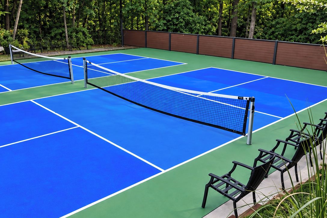 Ein Tennisplatz im Freien mit Netz, umgeben von einem Holzzaun und viel Grün.