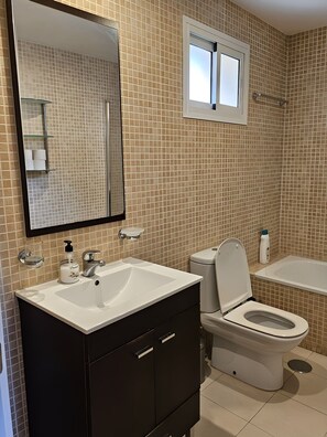 Hair dryer, bidet, towels, soap