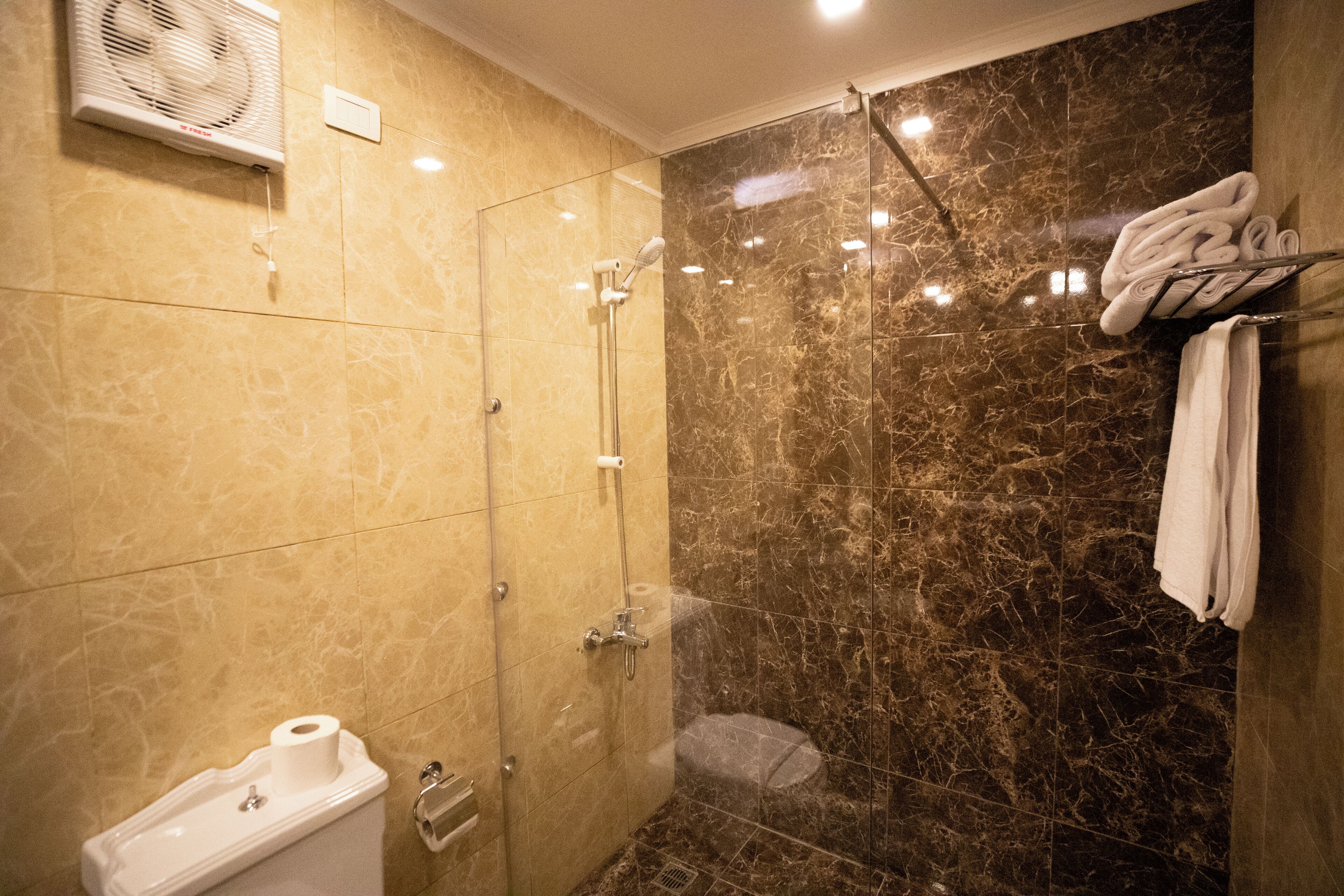 Un baño con ducha compartimentada con vidrio, inodoro y perchero para toallas.