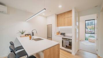 Fridge, microwave, oven, stovetop