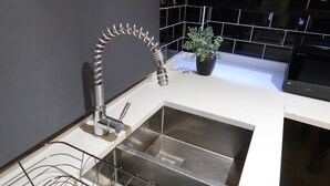 Una cocina moderna con un lavamanos de acero inoxidable, un escurreplatos y una planta en maceta sobre la encimera.