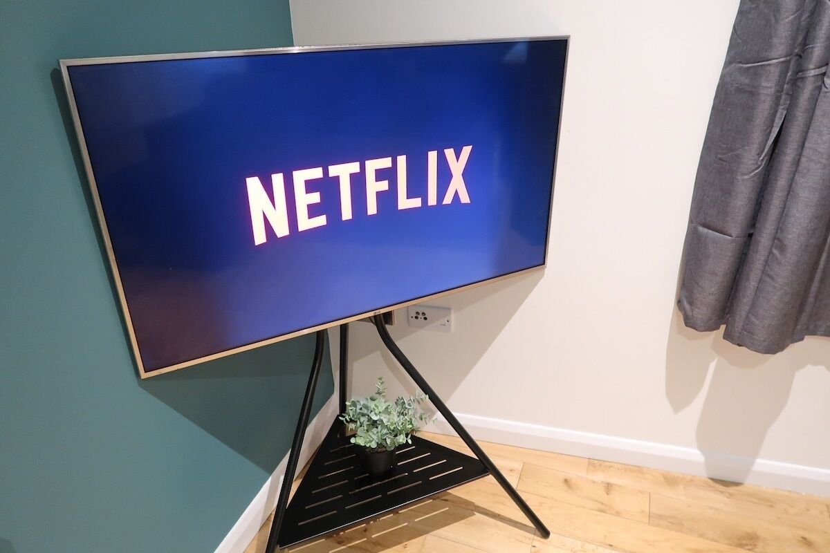 Television, joka on sijoitettu jalustalle, ja jossa näkyy Netflixin logo. Jalustan päällä on pieni kasvi, ja taustalla on verho.