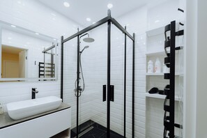A modern bathroom with a glass-enclosed shower, a white sink, and a mirror above it.