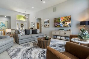 TV, fireplace, books, stereo