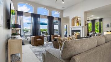 TV, fireplace, books, stereo