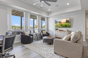 TV, fireplace, books, stereo