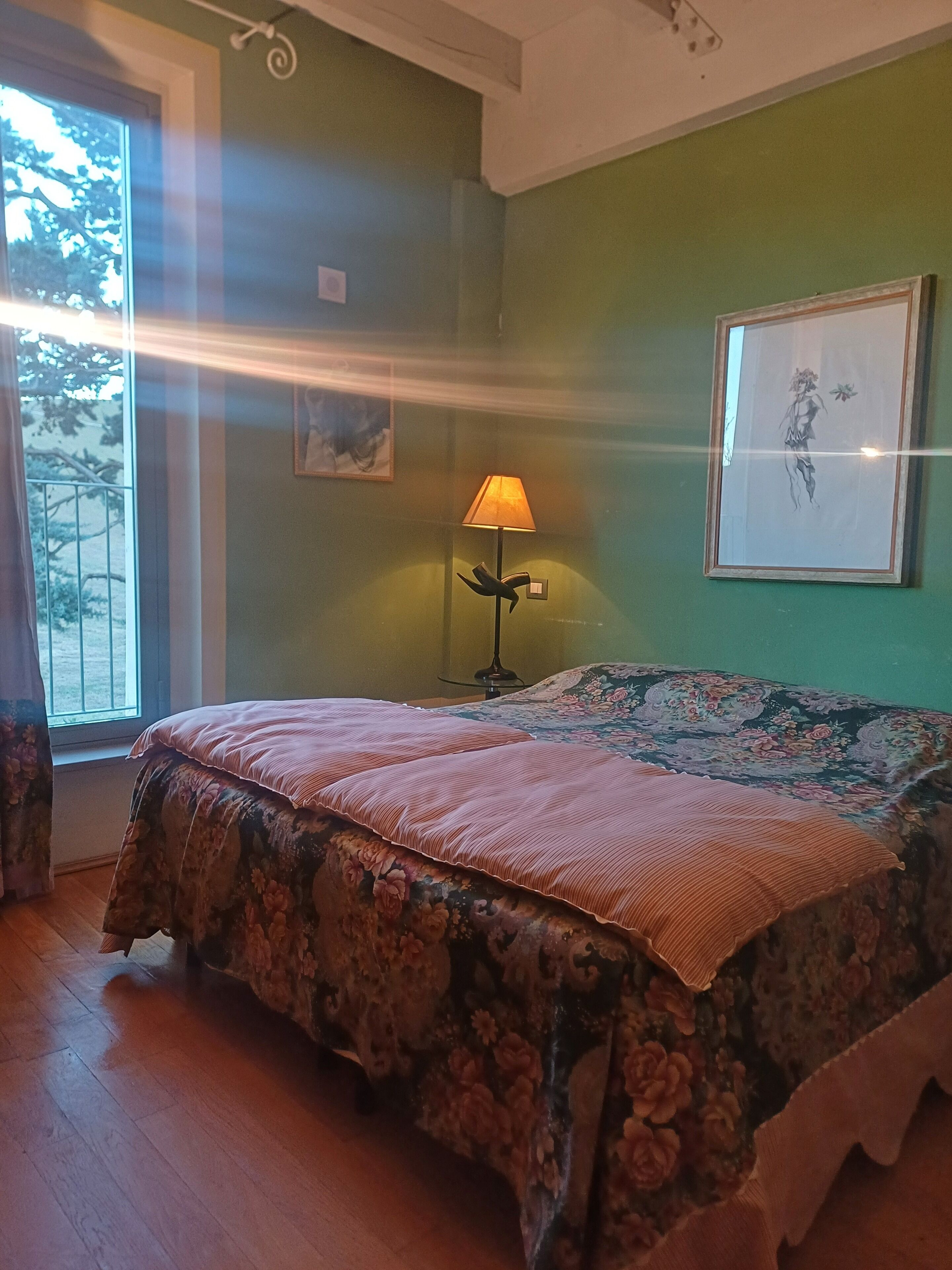 Een slaapkamer met een bed, een lamp, een ingelijste foto en een raam met gordijnen.