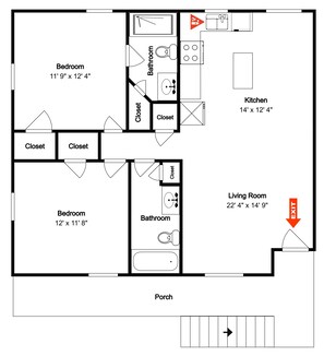 A floor plan with two bedrooms, a bathroom, a kitchen, a living room, and a porch.